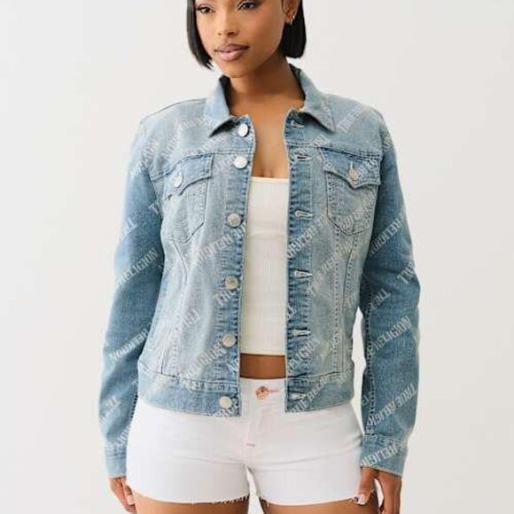 True Religion Jackets & Blazers - True Religion Denim Allover logo Trucker Denim Jacket LIGHT BLUSH BLUE LARGE NWT